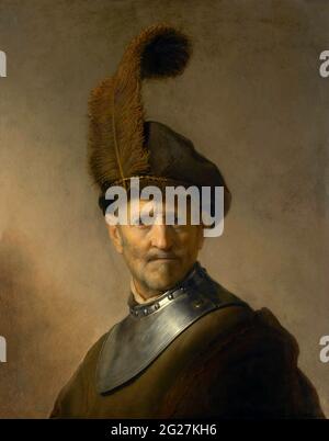 Le XVIIe siècle, Rembrandt, peinture d'un vieil homme en uniforme militaire, croyait être son propre père. Banque D'Images