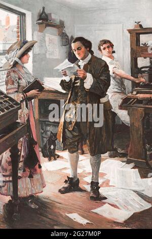 Benjamin Franklin dans son imprimerie de Philadelphie. Banque D'Images