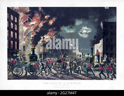 19e siècle illustrant comment les pompiers ont utilisé un tuyau pour éteindre le feu à la vapeur à New York. Banque D'Images