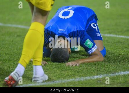 San Salvador, El Salvador. 08 juin 2021. Salvadorien Nelson Bonilla réagit pendant le groupe de coupe du monde UN match de football CONCACAF qualifiant entre El Salvador et Antigua-et-Barbuda au stade Cuscatlan. (Note finale; El Salvador 3:0 Antigua-et-Barbuda) crédit: SOPA Images Limited/Alay Live News Banque D'Images