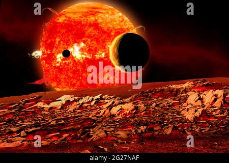 Les planètes sont silhouetées lorsqu'elles passent devant une étoile géante rouge. Banque D'Images