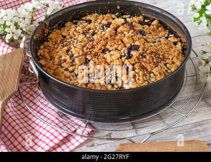 Gâteau aux cerises frais traditionnel servi dans un tremplin ou une plaque de cuisson sur fond de table rustique Banque D'Images