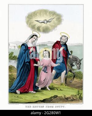 Le retour de l'Égypte. La Vierge Marie et Joseph marchant avec l'enfant. Banque D'Images