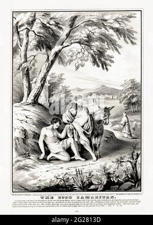 Un bon samaritain aidant un étranger qui est tombé parmi les voleurs. Banque D'Images