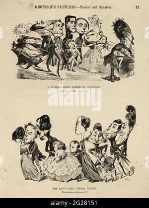 Caricatures humoristiques et grotesques de Gustave Dore, victorienne des années 1860. Musical et saltatoire, amoureux de la musique tous, dernier galop avant le souper Banque D'Images