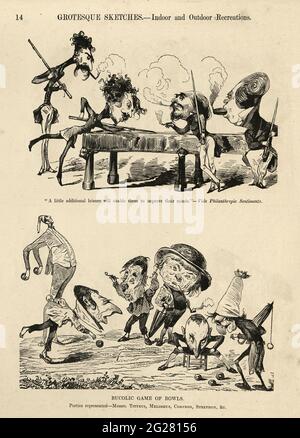 Caricatures humoristiques et grotesques de Gustave Dore, victorienne des années 1860. Activités de loisirs à l'intérieur et à l'extérieur, billard et bowling Banque D'Images