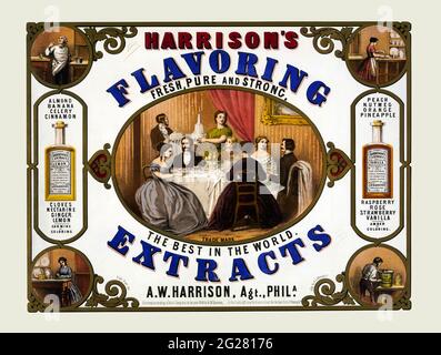 Publicité vintage pour les extraits aromatisants de Harrison. Philadelphie, vers 1853 Banque D'Images