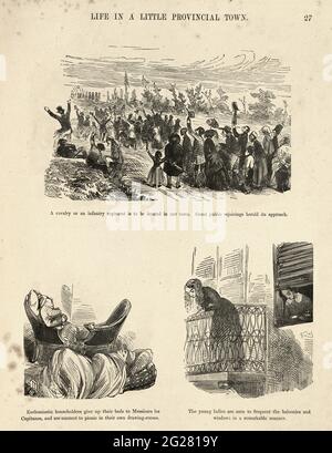 Caricatures humoristiques et grotesques de Gustave Dore, victorienne des années 1860. La vie dans une petite ville provinciale Banque D'Images