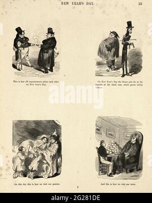 Caricatures humoristiques et grotesques de Gustave Dore, victorienne des années 1860. Jour de l'an Banque D'Images
