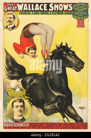 Affiche de cirque vintage pour le Great Wallace Show, montrant un acrobat exécutant un backflip sur un cheval galopant. Banque D'Images