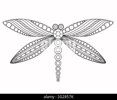 Dragonfly, illustration graphique vectorielle. Un bel insecte gracieux avec des ailes à motifs. Libellule gravée en noir sur fond blanc. Lignes simples Illustration de Vecteur