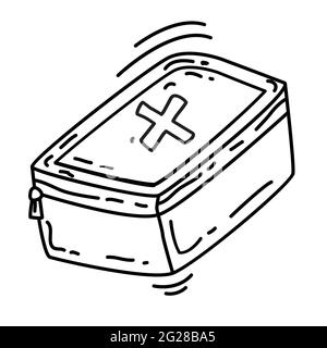 Randonnée aventure sac de premiers secours, voyage, voyage, camping. Main dessiné icône design, contour noir, icône Doodle, icône vecteur. Illustration de Vecteur