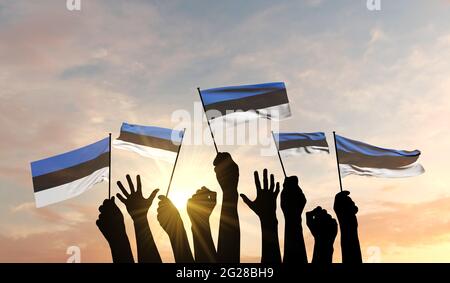 Silhouette des bras levés orgueillir d'un drapeau estonien. Rendu 3D Banque D'Images