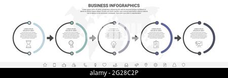 Infographies vectorielles cinq cercles avec flèches. Concept métier de 5 étapes, options. Modèle d'infographie pour diagramme, Web, bannière, présentations Illustration de Vecteur