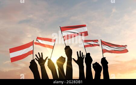Silhouette de bras levés orgueillir d'un drapeau autrichien. Rendu 3D Banque D'Images