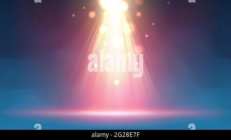 Arrière-plan avec projecteur antibrouillard. Scène fumée bleue et dorée illuminée. Toile de fond pour l'affichage des produits. Poutres apparentes rose doré brillant, par étincelant Illustration de Vecteur