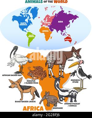 Illustration de dessins animés éducatifs d'espèces animales africaines et carte du monde avec des formes de continents Illustration de Vecteur