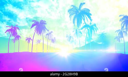 Palmier tropical avec lumière du soleil sur le ciel du coucher du soleil et nuage pour les vacances d'été arrière-plan de fête. Banque D'Images