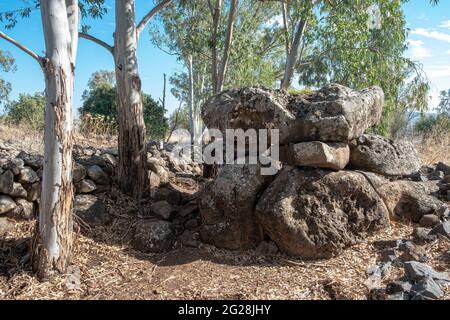 Le champ de Dolmen, Gamla, plateau du Golan, Israël UN dolmen est un type de tombeau mégalithique à chambre unique, habituellement composé de deux ou plusieurs mégali verticaux Banque D'Images