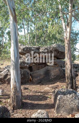 Le champ de Dolmen, Gamla, plateau du Golan, Israël UN dolmen est un type de tombeau mégalithique à chambre unique, habituellement composé de deux ou plusieurs mégali verticaux Banque D'Images