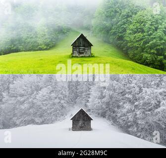 Collage de deux images d'une cabine en bois dans la forêt en différentes saisons - été et hiver. Paysage d'hiver fantastique avec maison en bois dans les montagnes enneigées. Ancienne cabane dans une forêt de foggy verdoyante Banque D'Images