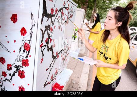 Shenyang, Shenyang, Chine. 9 juin 2021. Le 9 juin 2021, Shenyang, Liaoning, district de Huanggu, Shenyang, a réalisé des travaux de peinture et d'embellissement colorés sur plus de 100 boîtes de transfert de câble optique de communication extérieure dans la région, impliquant de nombreuses rues clés dans la région, et reflétant les caractéristiques des rues caractéristiques autant que possible. Il est prévu d'être terminé d'ici la fin de ce mois . Il est entendu que la peinture utilisée pour l'embellissement de l'armoire doit être écologique, exempte de corrosion et de dommages chimiques à l'armoire, et doit Banque D'Images