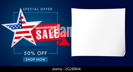 Bannière créative Happy Independence Day USA. Modèle de conception graphique abstrait isolé. Rouge, bleu, blanc. Feuille de papier. Décoration colorée CO Illustration de Vecteur