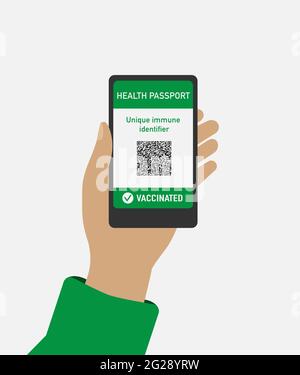 Main tient un téléphone portable avec passeport numérique de santé immunitaire pour Covid-19. Illustration vectorielle du passeport d'immunité COVID-19, certificat d'immunité, uniq Illustration de Vecteur
