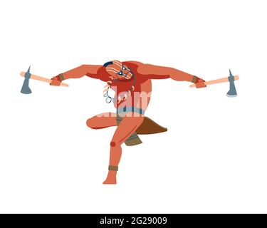 Le guerrier indien américain brave bondissant vers et attaquant avec deux un tomahawk. Peuples autochtones d'Amérique. Dessin animé mâle, personnage plat isolé Illustration de Vecteur