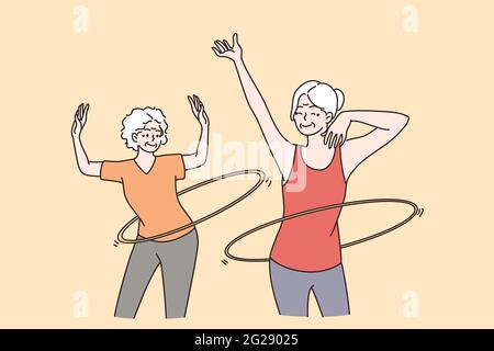 Concept de mode de vie actif des personnes âgées. Deux souriantes heureux en bonne santé mature femmes amis faisant de l'entraînement de sport et des cerceaux roulants sur l'illustration vectorielle de waists Illustration de Vecteur