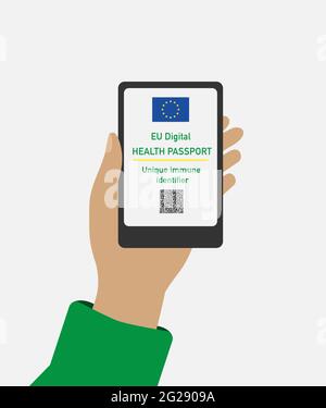 Mains tient un téléphone portable avec passeport numérique de l'UE pour la santé Covid-19. Illustration vectorielle du passeport d'immunité COVID-19, certificat d'immunité, vaccine Illustration de Vecteur