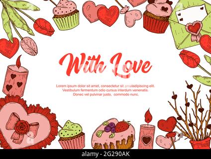 Carte de vœux de Saint-Valentin avec éléments dessinés à la main. Modèle de témoignages sur les médias sociaux. Illustration vectorielle Illustration de Vecteur