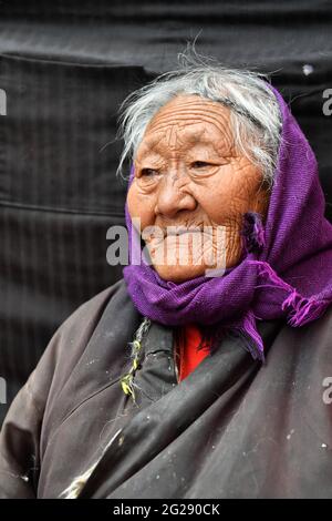 (210609) -- LHASSA, 9 juin 2021 (Xinhua) -- photo prise le 15 avril 2021 montre le portrait de Sercho dans le village de Nalung du comté de Damxung, dans le sud-ouest de la Chine, région autonome du Tibet. Sercho, né en 1929, était un serf et vivait sous un servage féodal cruel avant la réforme démocratique au Tibet en 1959. Né dans le bassin de la vache, Sercho ne pouvait jamais oublier les temps difficiles sans assez de vêtements et de nourriture dans le vieux Tibet. « quand j'étais enfant, j'étais physiquement faible. Mon père m'a emmené mendier de porte en porte », se souvient Sercho. Grâce à la réforme démocratique, la vie de Sercho a tourné sur une nouvelle page et elle Banque D'Images