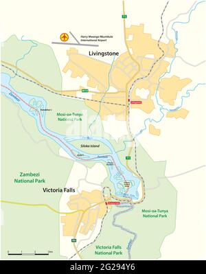 Carte vectorielle des chutes Victoria sur la rivière Zambèze, Samia, Zimbabwe Illustration de Vecteur