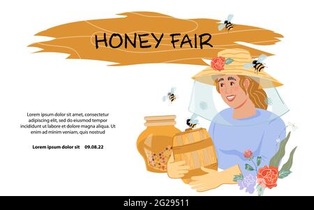 Bannière de fête de miel ou de fête de ferme avec apiculteur présentant la récolte de miel, vecteur plat. Illustration de Vecteur