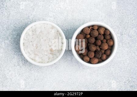 Grains de sel épais et grains de poivre noir dans des bols en céramique blanche sur fond de béton gris, vue de dessus de l'espace de copie Banque D'Images