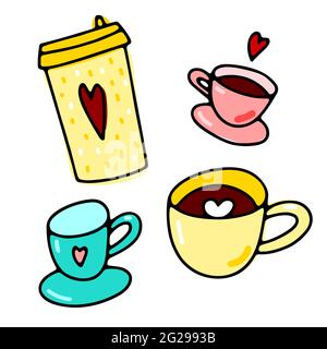 Ensemble de tasses à café Doodle. Boisson chaude mignonne isolée sur fond blanc. Outline tea, latte, cappuccino, americano, espresso, tasse café à emporter avec de l'hea Illustration de Vecteur