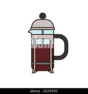 Presse française avec thé chaud, café. Ustensiles de cuisine pour préparer des boissons isolés sur fond blanc. Batterie de cuisine de couleur simple. SIG. Pot. Americano Illustration de Vecteur