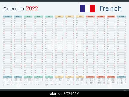 2022 Planificateur mural en français. Calendrier annuel et organisateur. Mise en page simple en couleur. Modèle pour la société et la famille. 12 mois verticaux. Illustration de Vecteur