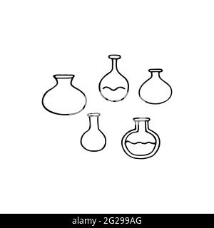 Jeu de doodle pour tubes à essai médicaux. Flacons dessinés à la main isolés sur fond blanc. Verre chimique pour médical, scientifique, éducatif, scolaire, laboratoire Illustration de Vecteur
