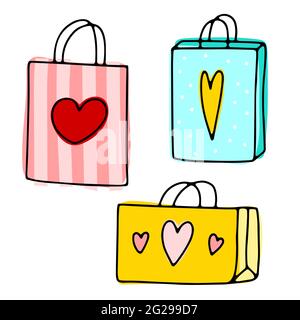 Ensemble de jolis paquets de caniche. Sac de présentation de couleur dessiné à la main isolé sur fond blanc. Coeur, rayures, surprise par points. Vacances, Saint-Valentin, anniversaire g Illustration de Vecteur