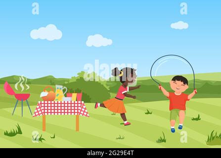 Les enfants heureux ont le plaisir sur le barbecue pique-nique partie ensemble illustration vectorielle. Dessin animé fille enfant courant, garçon personnage saut corde, activité sportive saine dans le jardin vert d'été ou arrière-plan de parc Illustration de Vecteur