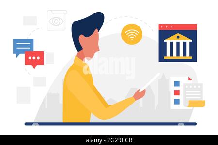 Communication d'entreprise, illustration vectorielle du concept de service d'assistance de la banque de comptes. Caricature client homme personnage tenant téléphone mobile, centre d'appel bancaire, messagerie en ligne hotline icônes de fenêtres Illustration de Vecteur