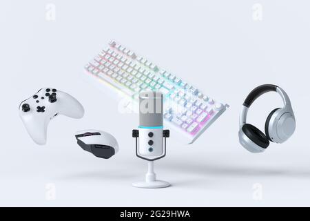 Les accessoires de joueur volant comme la souris, le clavier, le joystick, le casque, le casque VR. Microphone sur fond de table blanc. rendu 3d des accessoires pour live str Banque D'Images