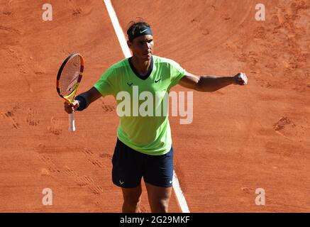 Paris, FRA. 09e juin 2021. Paris, Roland Garros, French Open Day 11 09/06/2021 Rafa Nadal (ESP) remporte le quart de finale du match Credit: Roger Parker/Alay Live News Banque D'Images