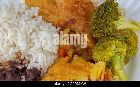 Plat brésilien typique avec riz et haricots, salade et viande de poulet. Plats faits maison. Cuisine quotidienne. Plat fait. Assiette avec nourriture servie au déjeuner. Homem Banque D'Images