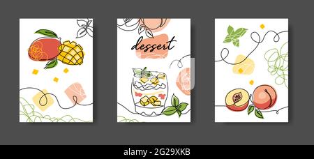 Dessert de fruits minimal affiche d'une ligne. Décoration de la paroi. Ensemble d'illustrations vectorielles de mangue et de pêche, une ligne d'art continue pour la cuisine Illustration de Vecteur