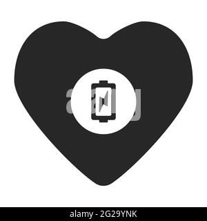 cœur noir avec batterie de charge, plat, icône Illustration de Vecteur
