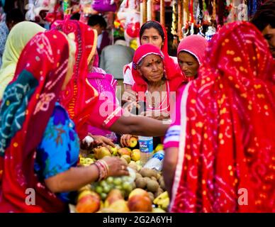 Pushkar, Inde - 10 novembre 2016: Peu de femmes indiennes en saree coloré tout en couvrant leur tête achetant des fruits en groupe dans l'état du Rajasthan Banque D'Images