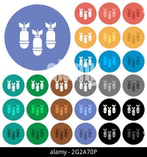 Trois Air bombes multi-couleurs icônes plates sur des arrière-plans ronds. Inclut des variantes d'icônes blanches, claires et sombres pour les effets de survol et d'état actif, et Illustration de Vecteur